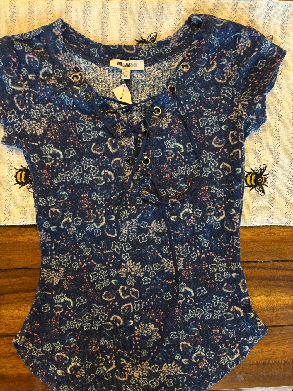 William Rast Navy Blue Floral Lace-Up Short Sleeve Tee